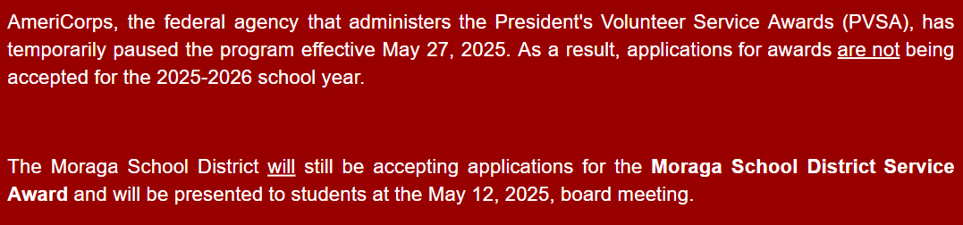 President Volunteer Service Awards Pause Notice